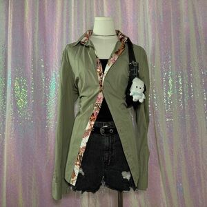 olive green button-up with pink floral accents